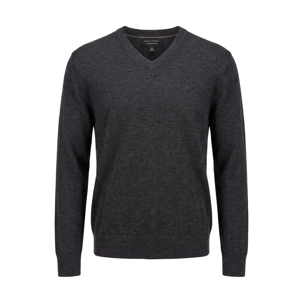 Merion Wool Banana Republic Men XL Charcoal Gray V-Neck Sweater Knit Top Classic